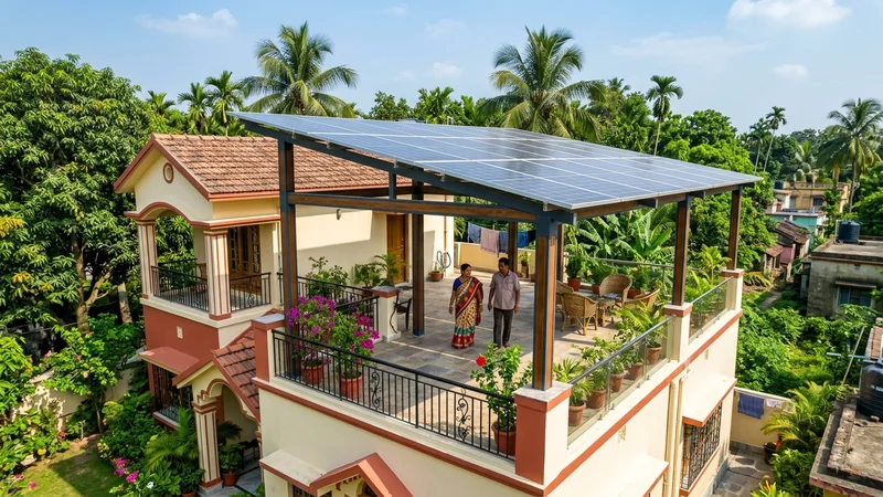 Elevated rooftop solar on residential bungalow terrace in West Bengal
