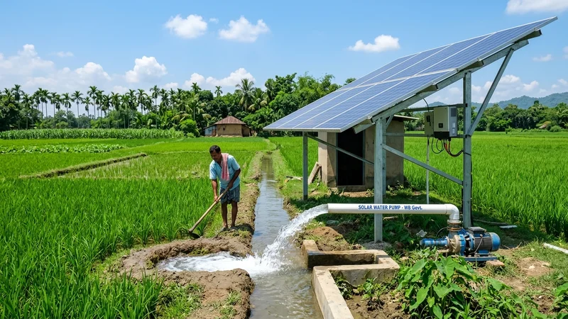 Agricultural solar water irrigation pump system in Bengal farmlands
